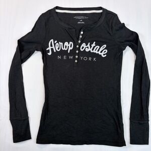 Aeropostale 87 Henley Shirt Womens L Black Ribbed Knit Long Sleeve Slim Fit Y2K